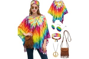 minkasic Hippie Kostüm Damen 70er Jahre Outfit mit Retro Poncho Brille Kette Hippie Umhängetasche für Karneval Fasching Schlager Party 5pcs