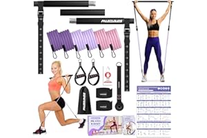 PALECLOUDS Pilates Stange, Pilates Bar Set mit 3 Paar Widerstandsbänder(20/25/30Lbs), Metall-Einstellung Schnalle & Ausbildung Poster, Pilates Skulptur Fitness Stange for Home Gym Workout Equipment(Frauen)