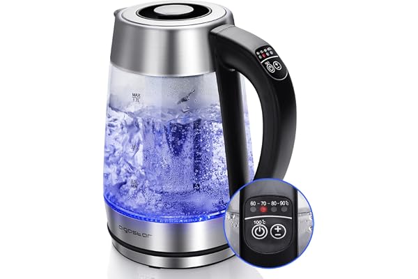 Aigostar Cris - Bouilloire en verre Température Réglable 2200W, 1.7L. Thermostat Réglable (60 à 100ºC) et fonction maintien au chaud, Filtre à thé amovible, éclairage LED de couleurs, Sans BPA.