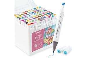 Ohuhu Rotuladores de alcohol, 80 colores de rotuladores + 1 difuminador incoloro, cincel y rotulador fino de doble punta para adultos artistas principiantes para colorear ilustración esbozos