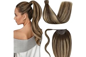 LaaVoo Balayage Extensiones Ponytail Pelo Natural con Clip Easy Fit Castano Dorado 80g 45cm Human Hair Extensiones Coleta Pelo Brown Ombre Caramel Blonde Ponytail Extensiones Cabello Natural #4/27/4