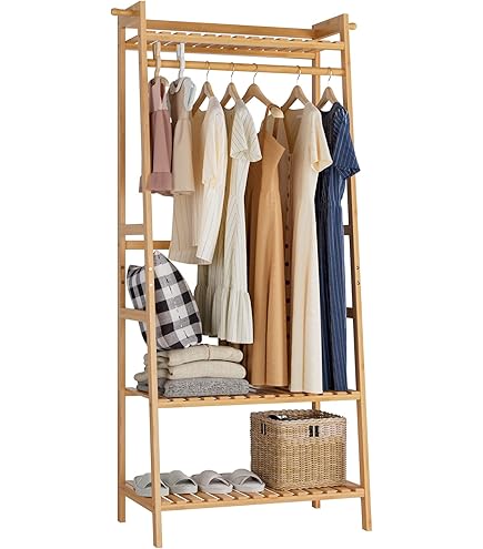 Kledingrek Van Bamboe - 4-in-1- Met Kapstok Aan De Zijkant Boomontwerp Met Haken 3 Opbergplanken Met Universele Wielen 38d X 100b X 176h Centimeter Laadvermogen 100 Kg Bamboe