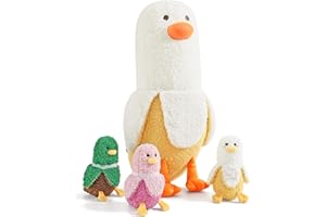 shownicer Plushie, Cute Banana Duck Plush Pillow, Stuffed Animal Mommy & 3 Baby Plush Toys, Kawaii Plush Duck Pillow Soft Toy, Cuddly Toy, Fluffy Cushion, Hugging Pillow Gift for Kids Girls Boys