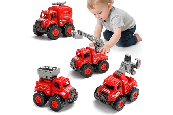 YGNNXRN Coffret de 4 Camions de Pompiers Jouets pour Enfants – Véhicules à Friction sans Piles avec Échelle, Citerne, Camion de Secours et Foreuse – Jouet Pompier pour Garçons et Filles 2 3 4 5 Ans