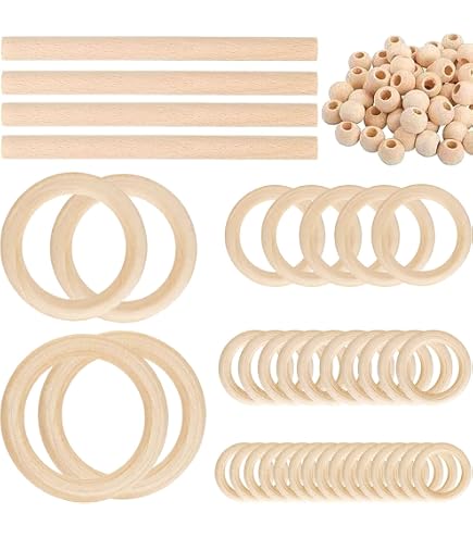 Kit 126 Perles En Bois Naturel Et Anneaux Pour Bricolage - Perles à Enfiler DIY Pour Créations Artisanales