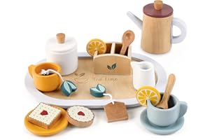 Little Log Service à thé en Bois pour Petites Filles, Jouet en Bois pour Enfants, Accessoires de Cuisine pour Enfants avec Nourriture pour Filles, garçons, Tout-Petits à partir de 3 Ans