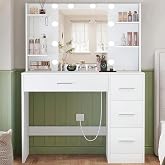 TEENFON Makeup Dressing Table, Makeup Table with Lights and Mirror, Makeup Table with 4 Open Shelves, White, Dressing Table w