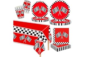 MORAINJAY 97 Pcs Racing Car Party Decorations,Black White F1 Checkered Flag Party Tableware Set,Birthday Paper Plates,Paper Cups,Napkins,for Kid Birthday Parties Racing Themed Celebrations