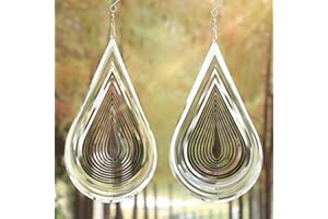 COSYCORNER Wind Spinner Flowing-Light Effect Courtyard Decorations Made of Stainless Steel House Hanging Decoration 12“x 8“ Spinners with a 360° Rotating Hook (2 pcs Water Drop-Silver)