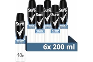 Sure Men Invisible Ice Fresh Antiperspirant Aerosol deodorant that protects against white marks and yellow stains for 48-hour sweat and odour protection 6x 200 ml