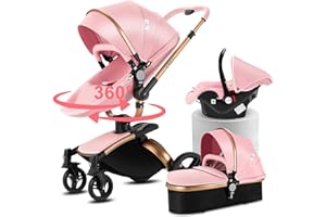 Magic ZC PU Leather 3 in 1 Pushchair Pram Travel System, Baby Stroller 3 in 1 with 360° Rotatable Seat, Newborn Infant Buggy with Aluminum Frame, Toddler Carriage with One-Click Folding (906 Pink-1)
