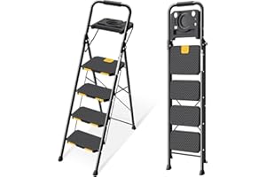 ‎KINGRACK KINGRACK Leiter 4 Stufen, trittleiter 4 Stufen klappbar, mit Werkzeugablage und Handläufen, leichte Haushaltsleiter für Ihre Küche, Speisekammer, Schränke, Büro (Schwarz, step ladder)