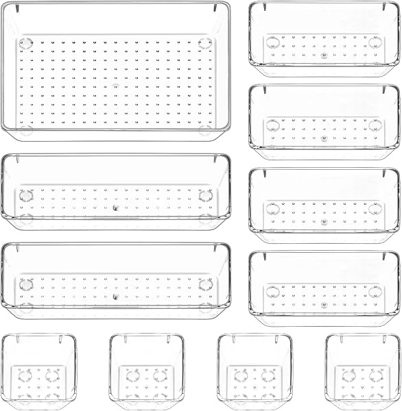 Puricon Pack of 11 Drawer Organiser System Plastic Makeup Organiser Non-Slip Drawers Organiser Plastic Storage Boxes for