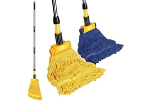 Gadhra Commercial Mop, Looped-End String Industrial Mop, Heavy Duty Mops with 2 String Cotton Mop Heads for Floor Cleaning, Blue/Yellow