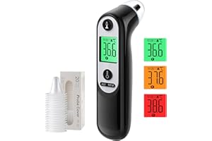 ‎VIPROUD Ear Thermometer for Baby Adults, Ear Fever Thermometer with Age Measurement and Colour-Coded Temperature Display, Digital Infrared Thermometer with 21 x Disposable Protective Caps (Black)