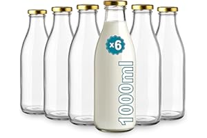 Espirito Rebelde 6 bottiglie di vetro vuote, 1000 ml, con coperchio, bottiglie di vetro per succhi, latte, barbecue, salse, ideali per picnic, matrimoni e feste