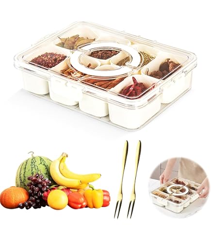 Boîte à Collation 4 Compartiments Avec Couvercle - Plateau Repas Avec 6 Fourchettes Inox, Pour Pique-nique, Bureau