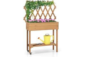 COSTWAY Huerto Urbano Elevado de Madera con Enrejado, Cama de Jardín Elevado Móvil con Ruedas Bloqueables, Forro de Tela, Jardinera de Plantas para Interiores y Exteriores, 90 x 29 x 129 cm