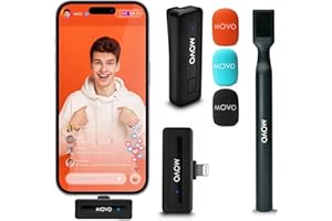 Movo Wireless Mini Ultra Compact Wireless Lavalier Microphone for iPhone with WMX-HM Handheld Adapter - Lapel Mic with Handle Mount for Content Creators, Interviews, Reporting and More (Lightning)