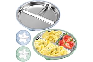 WUISOLQP 2 Stück Edelstahl Baby Teller mit Saugnapf, 22CM Kinderteller mit Saugnapf, BPA-frei und mit Entfernbarer Silikon, Kinderteller mit Unterteilung Babyteller Edelstahl Teller Kinder (A)