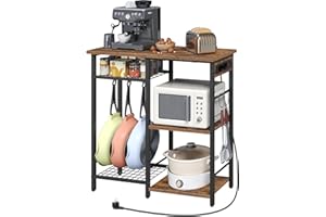 ‎MAHANCRIS MAHANCRIS Küchenregal mit Steckdosen, Standregal mit 6 Haken, Bäckerregal mit Haken, 30 x 80 x 78,5 cm, Mikrowellenständer, für Küche, Esszimmer, Rustikales Braun und Schwarz ABRHR80UE01