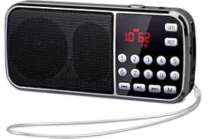 PRUNUS J-189 Mini Radio Portatili FM, Radio Portatile Ricaricabile con Funzione Bluetooth, Radiolina Digitale con Eccellente Ricezione, Supporto Micro TF Card/USB/AUX, con Torcia di Emergenza(Nero)