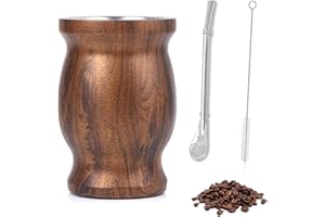 OUTALIZ Set da tè Maté,Tazza da tè Mate, set da tè in Acciaio Inossidabile, Tazza da 260ml Mate, con Cucchiaio a Cannuccia e Spazzola per la Pulizia, per tè Mate, Caffè, Latte e Succo di Frutta (Colore Legno)
