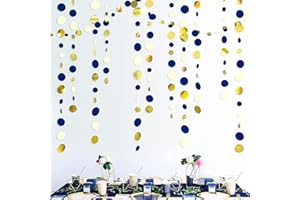 PINKBLUME 52 Ft Navy Blue and Gold Circle Dots Garland Royal Blue Hanging Paper Polka Dot Streamer for Birthday Wedding Bridal Baby Shower Graduations Nautical Ahoy Achor Pirate Theme Party Decorations Supplies