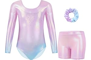 Gogokids Maillots de Gymnastique Trois Pièces pour Filles, Ensemble de Gymnastique à Manches Longues avec Short et Bandeau, Justaucorps de Danse Brillant avec Design de Couleur Dégradée pour 3-12 Ans