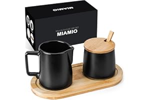 ‎MIAMIO MIAMIO Zestaw do serwowania cukru i śmietany z pokrywką i łyżką/ceramicznymi akcesoriami do baru kawowego - nadaje się do kuchenki mikrofalowej i zmywarki (czarny)