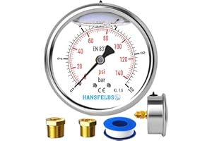 HANSFELDS Manomètre Hansfeld 0–10 bar/psi, cadran 63 mm, rempli de liquide, montage arrière BSP 1/4 pouce, intérieur et montage en laiton, précision 1,6, inclut 2 réducteurs vers 3/8" et 1/2".