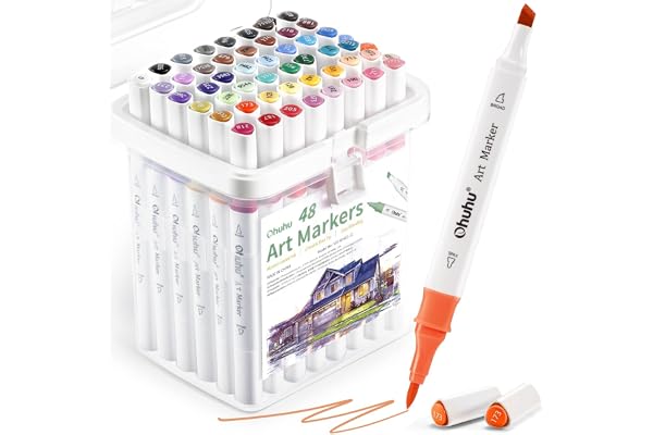 Ohuhu Brush Marker Pennor 48 färger Permanent Marker-pennor Dubbelspetsig markör konst sketch tvillingmarkeringspennor med bä