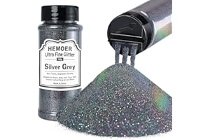 HEMOER Grigio argento Fine Glitter,140g Metallica Glitter per Decorazioni Artigianato, Resina, Epossidica Bicchieri, Candele, Glitter per Arti Pittoriche,Capelli Viso Corpo Occhi Nail Art Festival