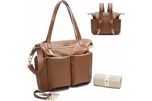 MISS FONG Baby Changing Bags Nappy Changing Backpack Leather Baby Bags Diaper Bag with Changing Mat & Stroller Straps for Maternity Pregnancy Mum and Dad, Brown