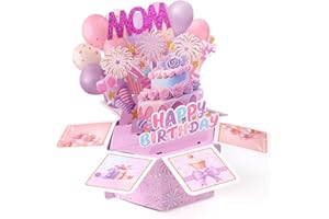 SINBANA Biglietto Pop Up Compleanno per la Mamma, Divertente Palloncini Fuochi d'Artificio 3D Buon Compleanno Biglietto d'Auguri con Busta Unico Confezione Regalo Pop-Up per Donne Madri Mogli o Lei