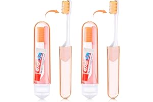 Nuenen 2 Cepillos de Dientes de Viaje Mini Cepillos Manuales de Dientes Portátiles con Cerdas Suaves Cepillos Dentales Plegables con Pasta de Dientes para Camping Adultos Higiene (Naranja, Cubierta)