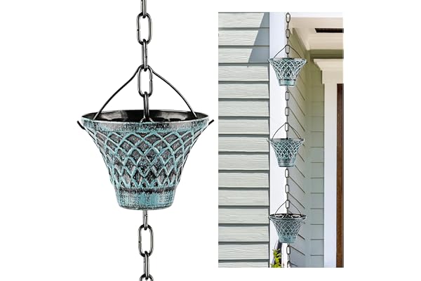 Hanayard Chaîne de Pluie décorative à Carreaux Bleus en Forme de Parapluie, 2,6 m, décoration de Jardin pour gouttières – 12 Tasses
