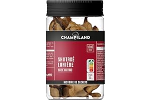 CHAMPILAND - Shiitaké en Lanière Séché - Champignons Cultivés Sélectionnés - Saveur Exceptionnelle - Champignons Riches en Protéines - Pot de 30 g