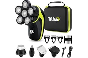 Head Shaver for Bald Men, Telfun Wet & Dry Waterproof Cordless Electric Razor for Men with LED Display, 5 in 1 Rotary Shaver Grooming Kit with Hair Clippers Beard Trimmer Nose Trimmer Cleansing Brush