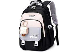 Amythe Schulrucksack Teenager - 36L Schulranzen für Mädchen ab 5. Klasse, Großer Rucksack für Mittel- und Oberstufe, Lässiger Kinderrucksack mit Süßem Anhänger und Trolleyband, Schwarz