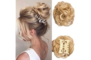 SWY HAIR Claw Clip Messy Bun Hair Piece Wavy Curly Large Hair Bun Clip in Claw Chignon Ponytail Hairpieces Synthetic Tousled Updo Hair Extensions Scrunchie Hairpiece for Women (Ash Blonde)