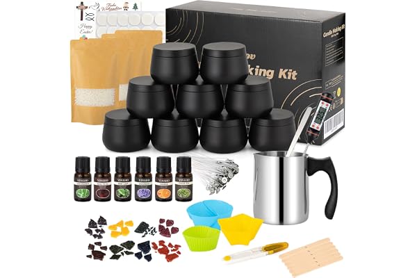 Yvgoov Kit de Fabrication de Bougies Coffret Bougies Parfumées Cadeau DIY Kit Bougies à Faire Soi Même avec 8 Boîtes de Bougie noir, Cire de Soja de 500g, 6 Huiles Parfumées et Thermomètre