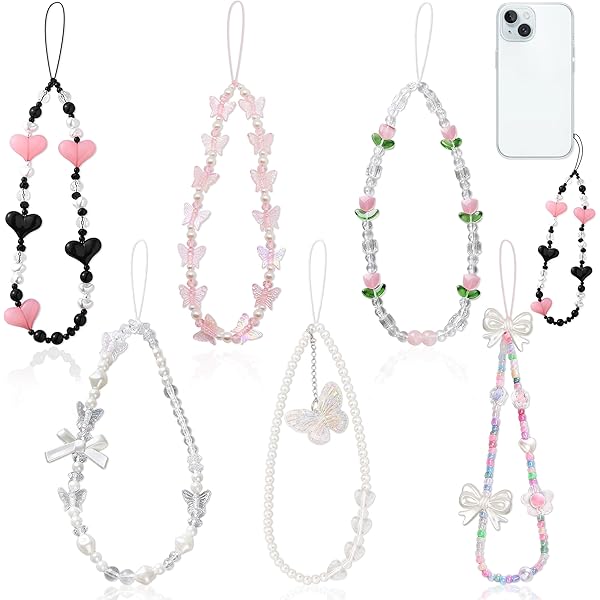 Reownest 2 stuks telefoonbedelarmband - schattige Y2K kat boog hart kristal parels kralen lanyard esthetische ketting sleutelhanger voor tienermeisjes en vrouwen