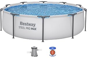 Bestway MAX Steel Pro Round Frame Swimming Pool with Filter Pump, Grey, 10 ft, Multicolor, BW56408GB-21