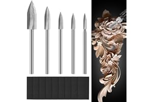 TEOKANTZ Holzschnitzerei Bohrer Set für Rotary Tool, 5 Stück Gravierbohrer Holz mit 10 Schmirgelpapier Holz, Fräser mit 3 mm Schaft für Holz, Frässtifte für Heimwerker Holzarbeiten Schnitzen Gravieren Bohren