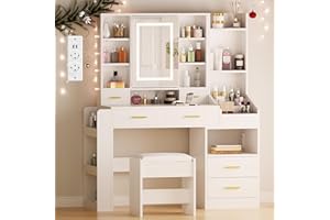 BEWISHOME Große Schminktisch mit Spiegel,Weißer Schminktisch mit Beleuchtung,Einstellbare Helligkeit, Kosmetiktisch mit Steckdosen,Schubladen,Offenen Ablage,Frisiertisch mit HockerEFST25W