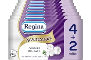 Regina Sensación - 42 Rollos de Papel Higiénico, 175 Hojas de Triple Capa, Extracto Natural de Algodón Y Delicadamente Perfumado, Envase de Plástico Reciclado al 60%, Papel 100% Certificado FSC