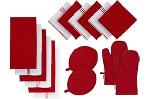 Lane Linen 16 Pc Kitchen Dish Towels Set - 6 Absorbent Terry Kitchen Hand Towels, 6 Dish Cloths for Washing Dishes, 2 Silicone Grip Potholders & 2 Silicone Oven Mitts - Red