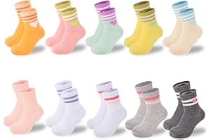 Zuimei 10 Pairs Girls Socks Kids Cotton School Sports Socks with Hearts Stripe, Junior Crew Athletic Sock, Casual Stretchy Sock for Girls and Boys