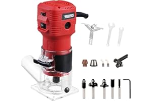 TEENO Fresadora De Madera Rebajadora Eléctrica 650W 15000-32000 RPM CON EXTRACTOR DE POLVO, 6 Velocidades Variables, 5 piezas Alicates de 1/4'',Pinza De Base Fija De 6/6.35MM